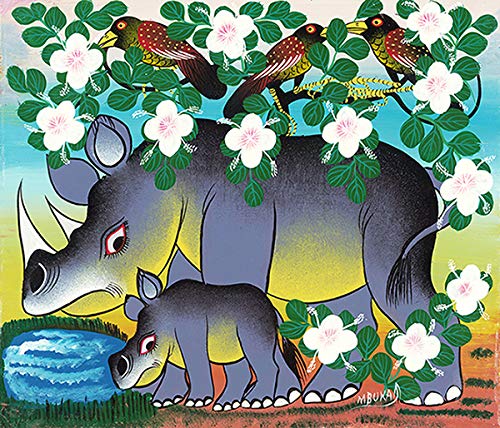 Amazon.co.jp: ティンガティンガアート 『花の樹に憩うサイの親子と